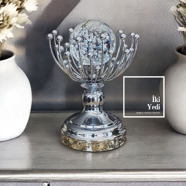 Brajan 77-2 Gümüş Metal Kristal Küre Obje, Cam Dekoratif Biblo, Lüks Ev Ofis Hediyelik Aksesuar