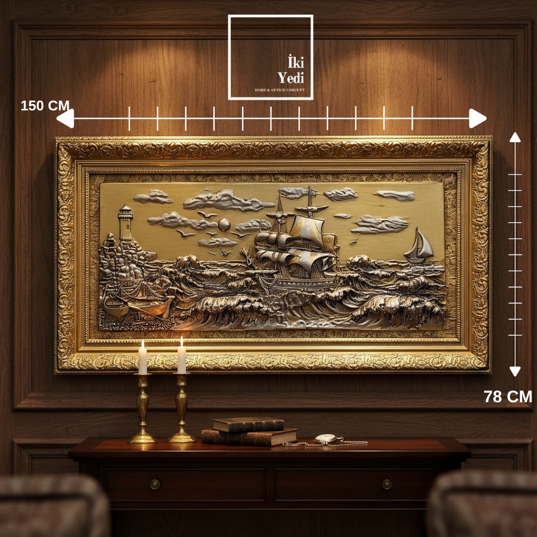 Crebillon 150 cm Altın Gümüş Varaklı Gemi Rölyef Tablo Lüks Kabartma Duvar Dekoru Ofis Ev Hediyesi