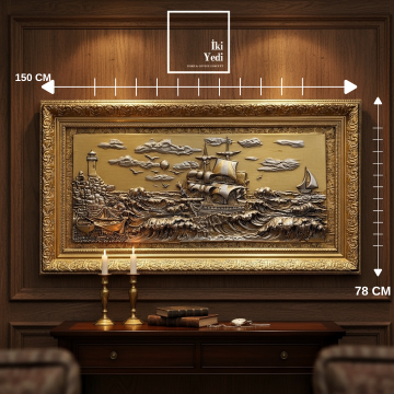 Crebillon 150 cm Altın Gümüş Varaklı Gemi Rölyef Tablo Lüks Kabartma Duvar Dekoru Ofis Ev Hediyesi