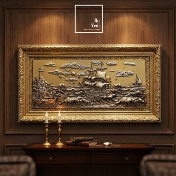Crebillon 150 cm Altın Gümüş Varaklı Gemi Rölyef Tablo Lüks Kabartma Duvar Dekoru Ofis Ev Hediyesi