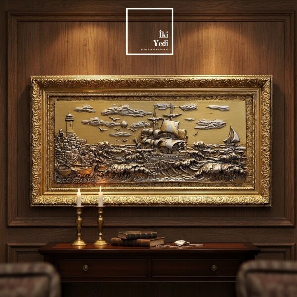 Crebillon 150 cm Altın Gümüş Varaklı Gemi Rölyef Tablo Lüks Kabartma Duvar Dekoru Ofis Ev Hediyesi