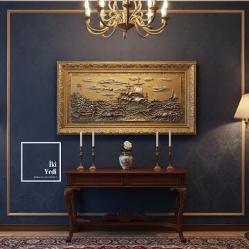 Crebillon 150 cm Altın Gümüş Varaklı Gemi Rölyef Tablo Lüks Kabartma Duvar Dekoru Ofis Ev Hediyesi