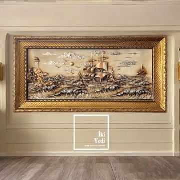 Crebillon 143 cm 3D Rölyef Gemi Tablosu Altın Varak Deniz Feneri Temalı Lüks Duvar Dekoru