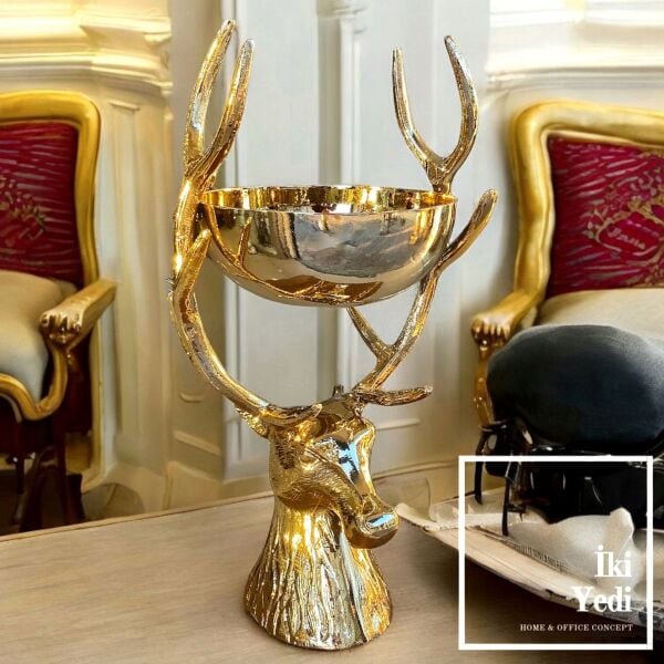 Gavrilo Altın Geyik Figürlü 51 cm Dekoratif Sunum Kasesi, Lüks Meyvelik Ev Ofis Hediyesi