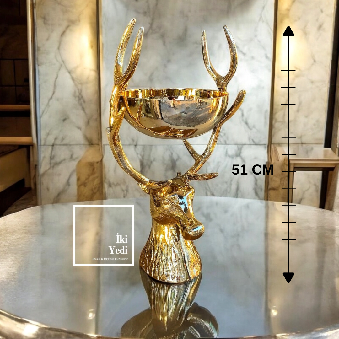Gavrilo Altın Geyik Figürlü 51 cm Dekoratif Sunum Kasesi, Lüks Meyvelik Ev Ofis Hediyesi