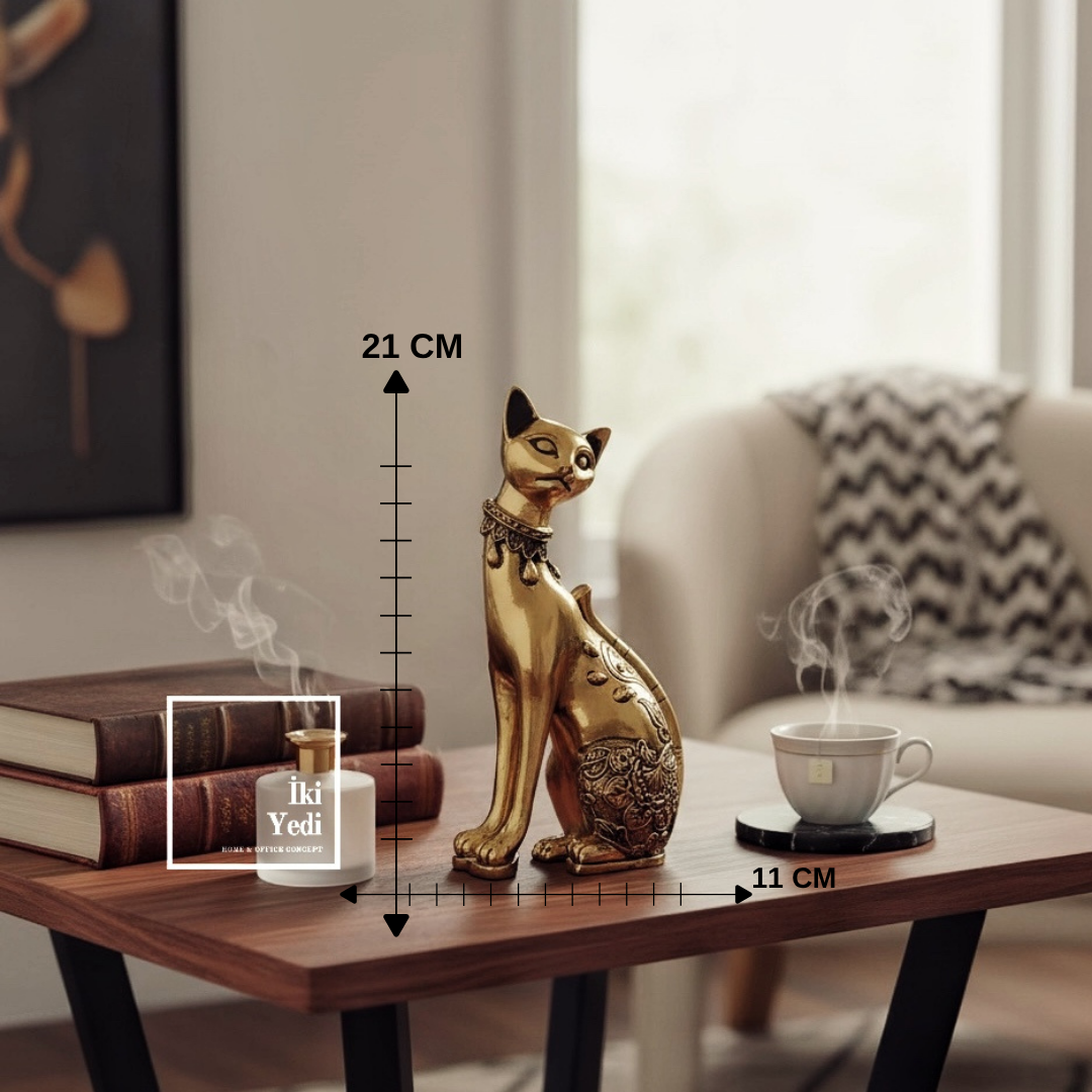 Mindanao Altın Mırıldanış Dekoratif Kedi Heykeli Biblo Salon Ofis Masa Üstü Obje Ev Hediyesi Figür