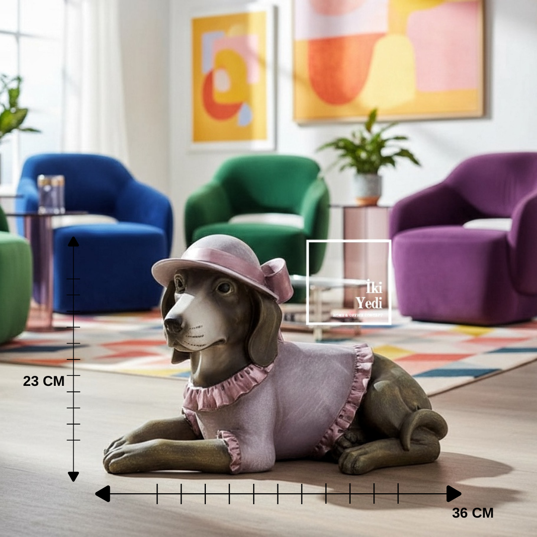 Charlotte Şapkalı Köpek Biblosu | 36 cm Dekoratif Hayvan Figürü, Modern Ev Aksesuarı Lüks Hediyelik