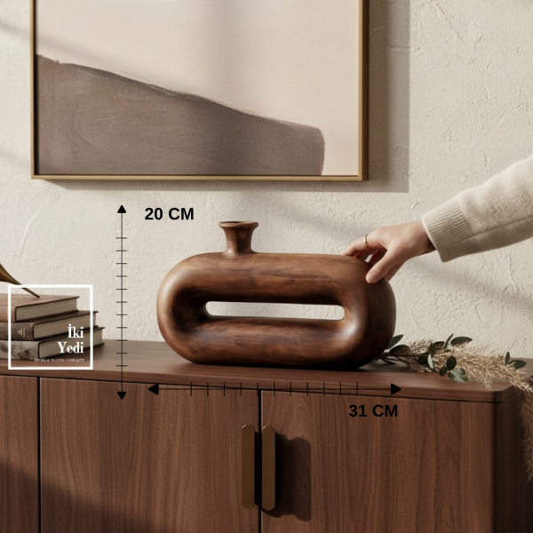 Virgile Oyuk Hat Vazosu Modern Dekoratif Ahşap Görünümlü Vazo Salon Ofis Masa Üstü Obje Hediyelik