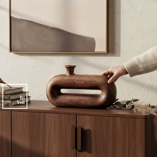 Virgile Oyuk Hat Vazosu Modern Dekoratif Ahşap Görünümlü Vazo Salon Ofis Masa Üstü Obje Hediyelik