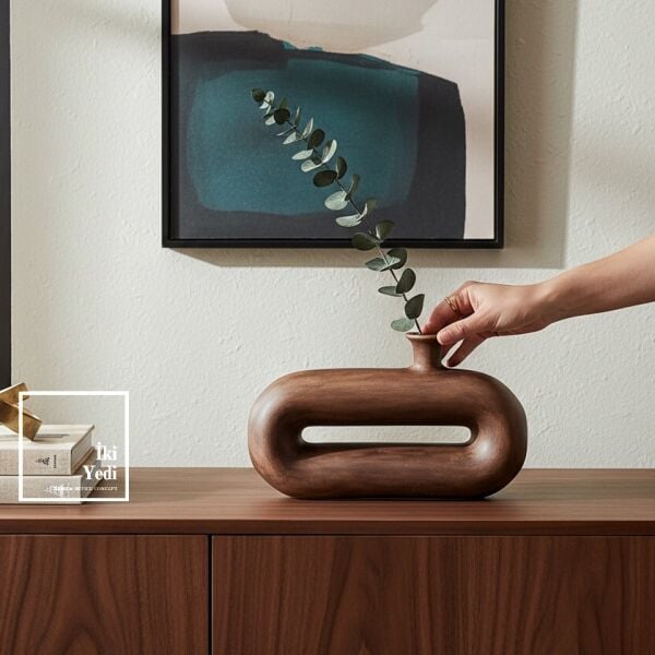 Virgile Oyuk Hat Vazosu Modern Dekoratif Ahşap Görünümlü Vazo Salon Ofis Masa Üstü Obje Hediyelik