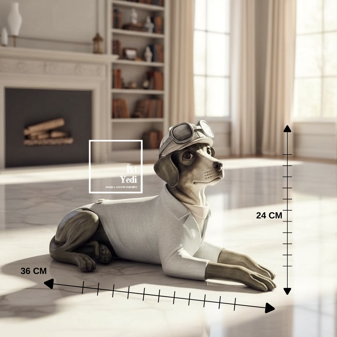 Gaston Pilot Şapkalı Köpek Biblosu | 36 cm Dekoratif Heykel, Modern & Lüks Ev Aksesuarı Hediyelik