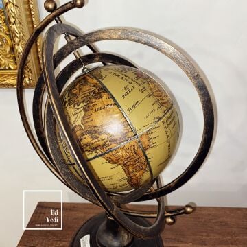 Armillary Stil Metal & Deri Dünya Küresi 50 cm Antik Eskitme Lüks Ofis Ev Dekoru VIP Hediyelik Obje