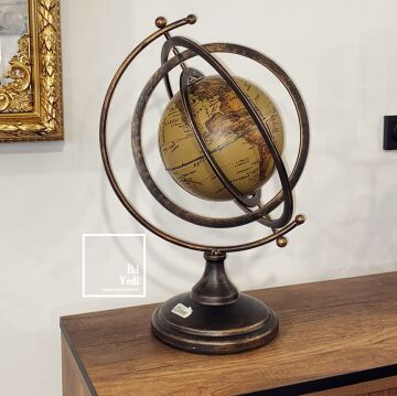 Armillary Stil Metal & Deri Dünya Küresi 50 cm Antik Eskitme Lüks Ofis Ev Dekoru VIP Hediyelik Obje