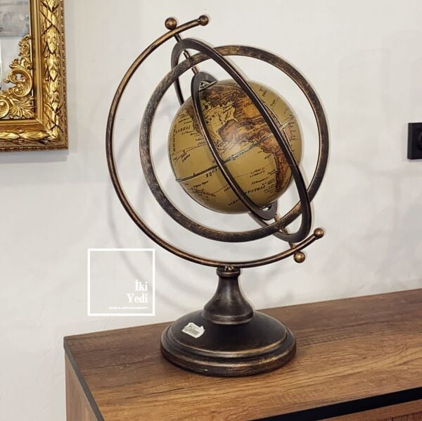 Armillary Stil Metal & Deri Dünya Küresi 50 cm Antik Eskitme Lüks Ofis Ev Dekoru VIP Hediyelik Obje