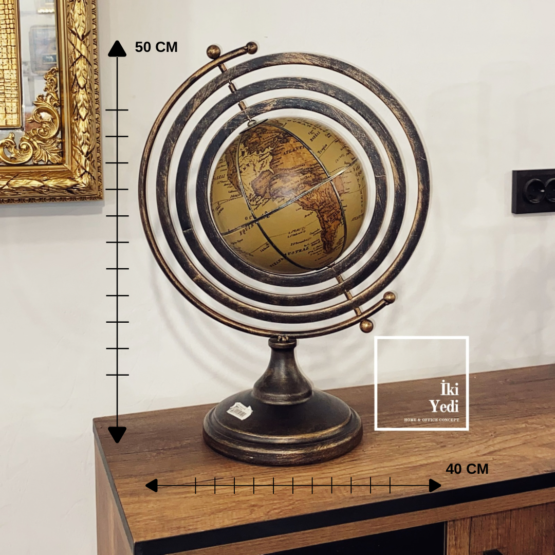 Armillary Stil Metal & Deri Dünya Küresi 50 cm Antik Eskitme Lüks Ofis Ev Dekoru VIP Hediyelik Obje