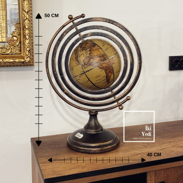 Armillary Stil Metal & Deri Dünya Küresi 50 cm Antik Eskitme Lüks Ofis Ev Dekoru VIP Hediyelik Obje