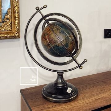 Armillary Stil Metal & Deri Dünya Küresi 50 cm Antik Eskitme Lüks Ofis Masa Konsol Üstü Dekoratif