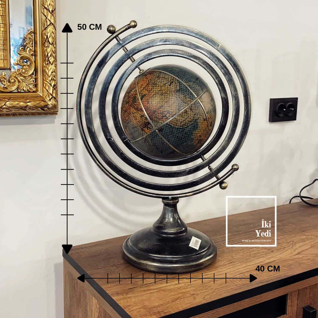 Armillary Stil Metal & Deri Dünya Küresi 50 cm Antik Eskitme Lüks Ofis Masa Konsol Üstü Dekoratif