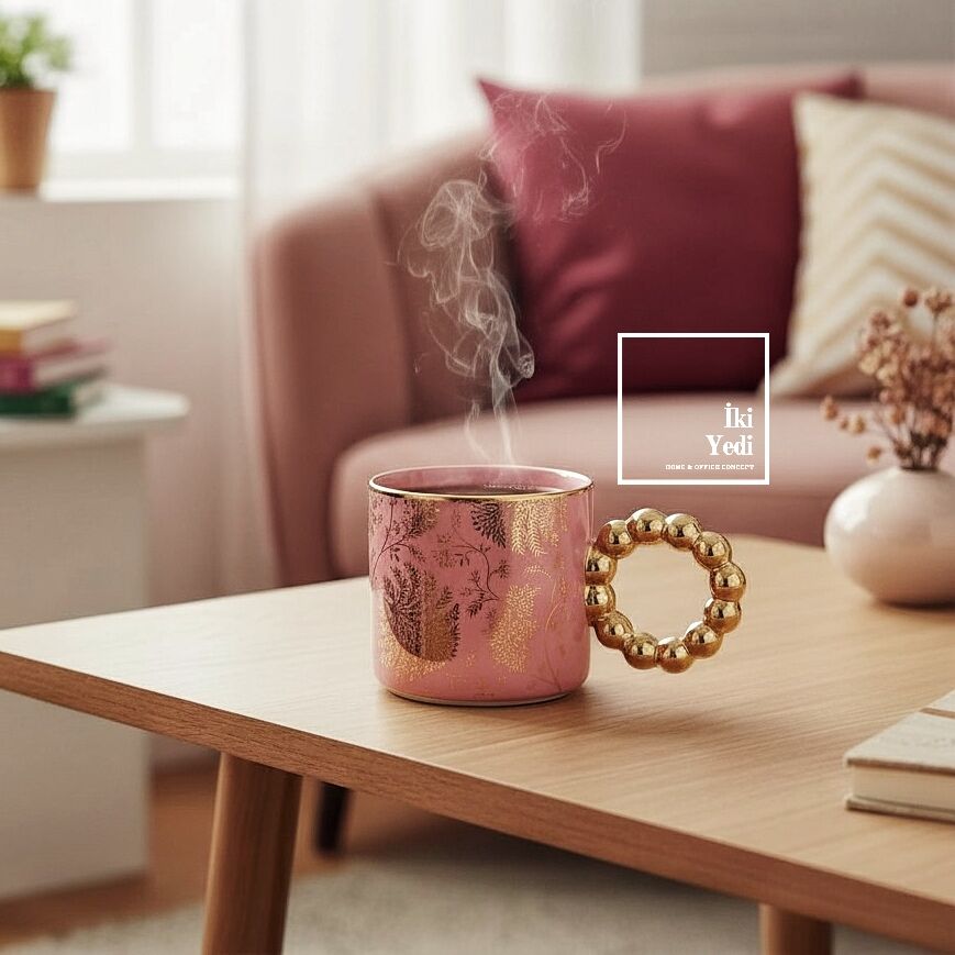 Tatia Altın Kulplu Yaldızlı Pembe Porselen Kupa | Dekoratif Lüks Çay & Kahve Kupası Hediyelik Eşya