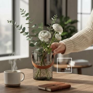 Nadia 773 Deri Kulplu Cam Vazo 18,5 cm Minimal Şeffaf Füme Renkli Dekoratif Çiçek Vazosu Hediyelik