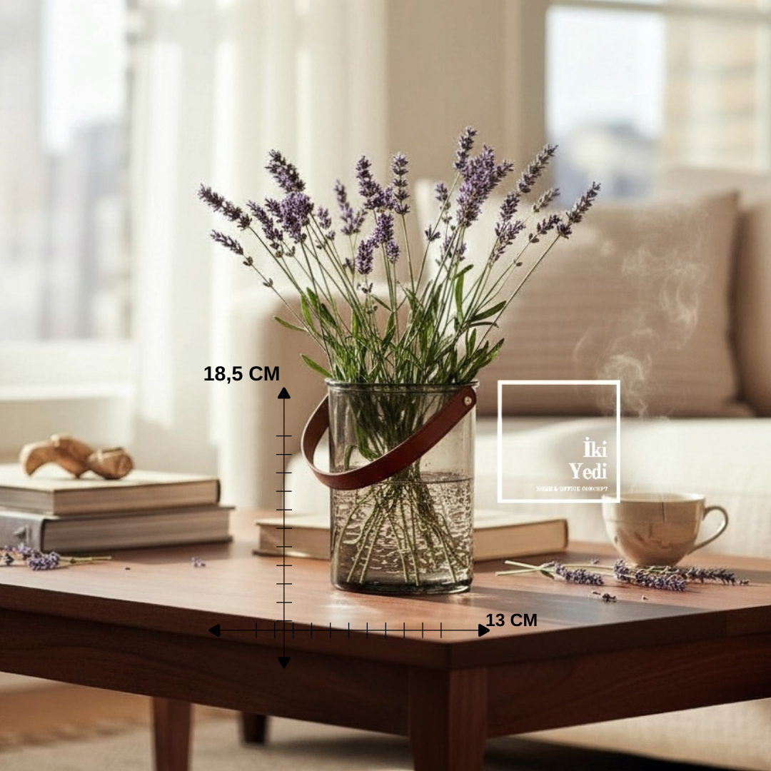 Nadia 773 Deri Kulplu Cam Vazo 18,5 cm Minimal Şeffaf Füme Renkli Dekoratif Çiçek Vazosu Hediyelik