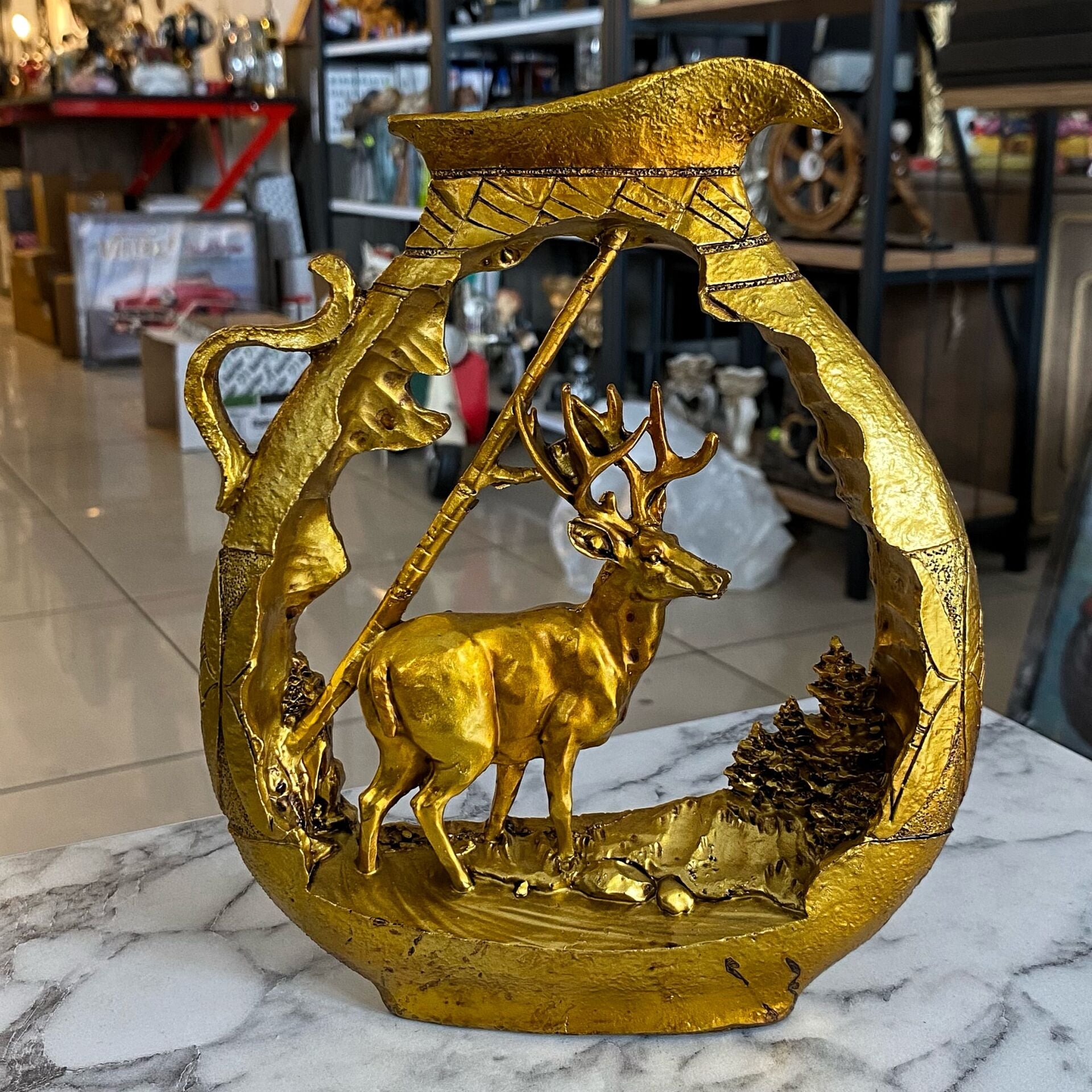 Souchon Geyik Biblosu Altın Dekoratif Heykel Salon Ofis Masa Üstü Şık Aksesuar Hediyelik Eşyalar