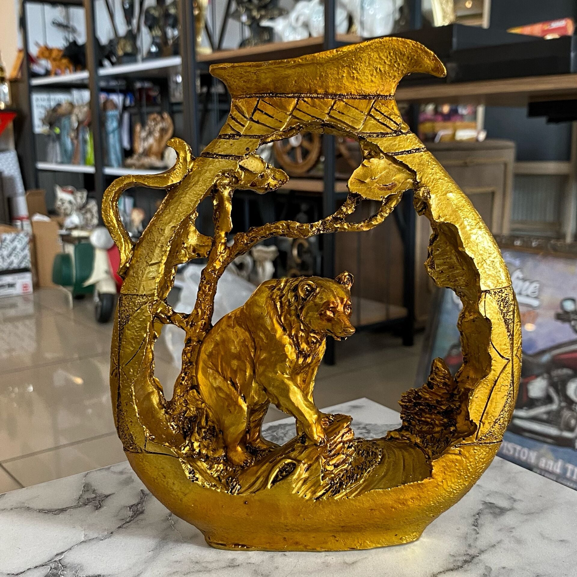 Souchon Ayı Biblosu Altın Dekoratif Heykel Salon Ofis Masa Üstü Şık Aksesuar Hediyelik Eşyalar Eko