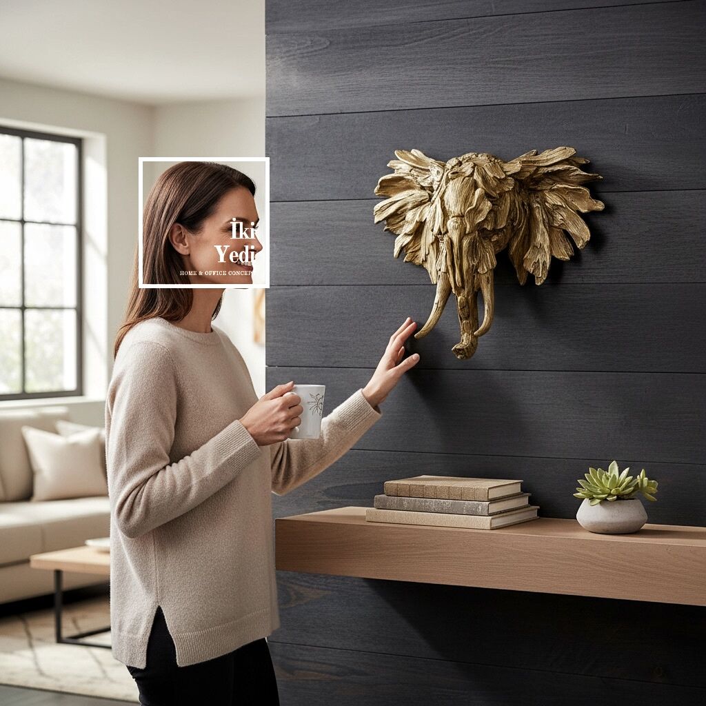 Wemenyo Ahşap Görünümlü Sanatsal Form Fil Kafası Duvar Dekoru Fil Heykeli Figür Hediyelik Objeler