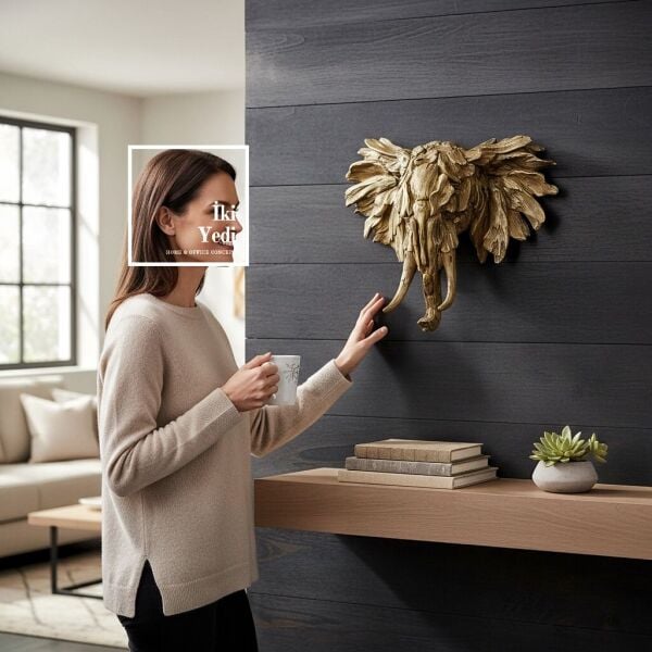 Wemenyo Ahşap Görünümlü Sanatsal Form Fil Kafası Duvar Dekoru Fil Heykeli Figür Hediyelik Objeler