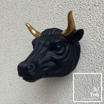 Fauborg Duvara Asma Boğa Kafası Objesi Duvar Dekoru Sıradışı Duvar Dekorasyonu Et Restoran Dekoratif Eşyalar Siyah Gri Gold