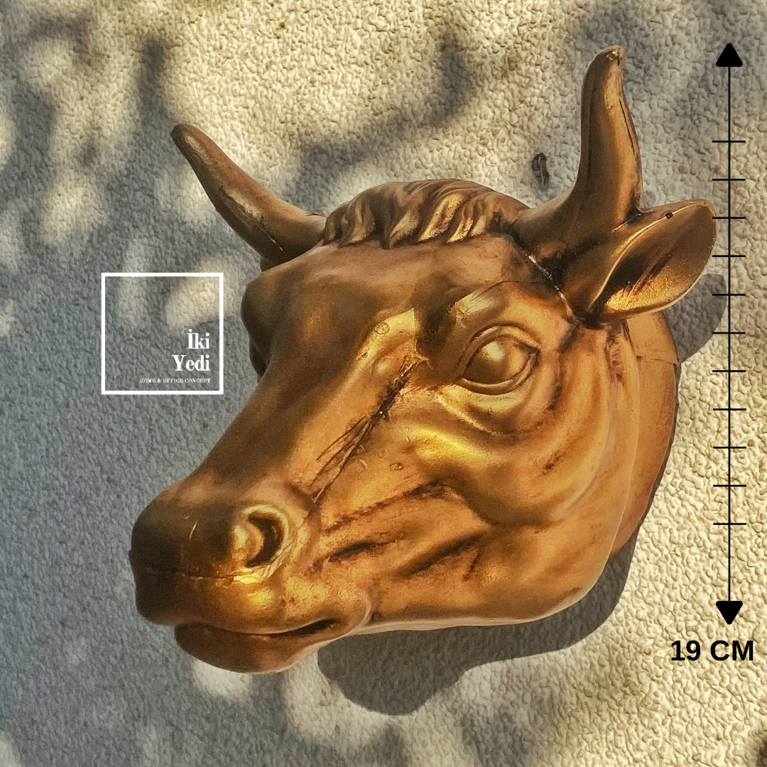 Fauborg Gold Boğa Başı Duvar Dekoru Heykel Boğa Figürü Altın Renk Dekoratif Obje, Ev Ofis Aksesuar