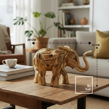 Wharton Ahşap Görünümlü Naturel Sanatsal Form Fil Heykeli Dekoratif Obje Ofis Hediyesi Figür Biblo