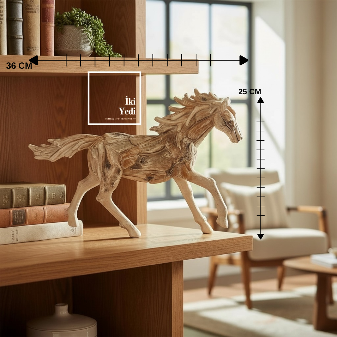 Mainoes Ahşap Görünümlü Doğal Dokulu At Heykeli 36 cm | Dekoratif Masaüstü ve Raf Üstü Obje Biblo