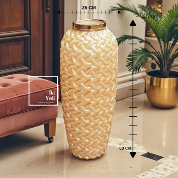 Auxley Örgü Desenli Cam Vazo 63 cm Ayaklı Büyük Boy Salon ve Giriş Dekoru Ofis Hediyesi Ev Aksesuar