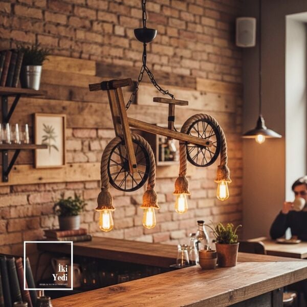 Rocco Işık Bisikleti Sarkıt Avize Halat Detaylı Rustik Aydınlatma Kafe Ev Ofis Dekor Hediyelik Eşya