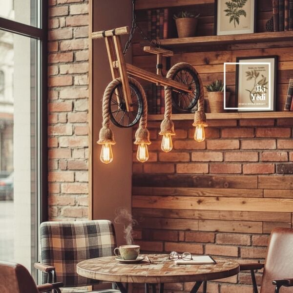 Rocco Işık Bisikleti Sarkıt Avize Halat Detaylı Rustik Aydınlatma Kafe Ev Ofis Dekor Hediyelik Eşya