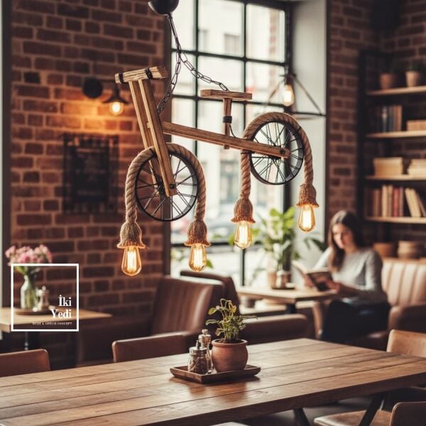 Rocco Işık Bisikleti Sarkıt Avize Halat Detaylı Rustik Aydınlatma Kafe Ev Ofis Dekor Hediyelik Eşya
