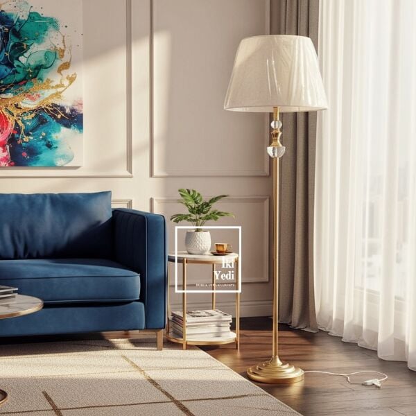 Espoir Fransız Tasarım Lambader Gold Gövde Keten Kumaş Şapkalı Salon Lambası Modern Lüks Aydınlatma