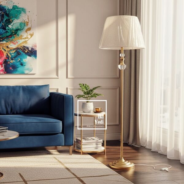 Espoir Fransız Tasarım Lambader Gold Gövde Keten Kumaş Şapkalı Salon Lambası Modern Lüks Aydınlatma
