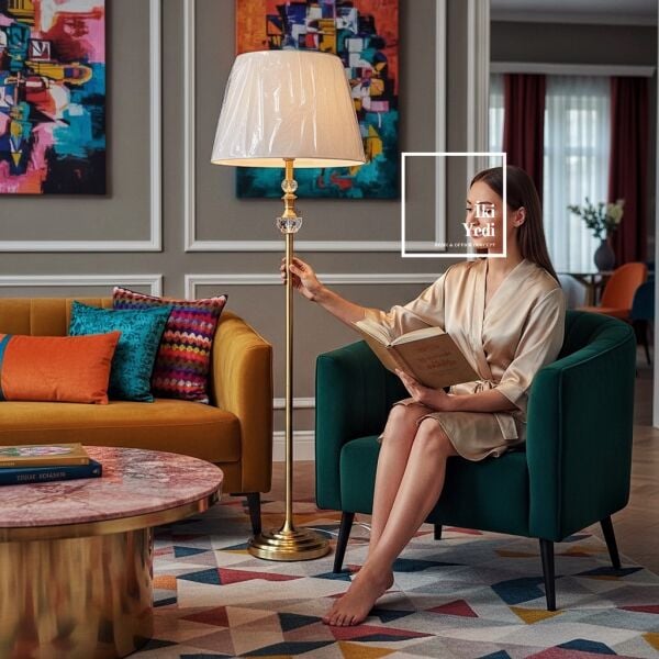 Espoir Fransız Tasarım Lambader Gold Gövde Keten Kumaş Şapkalı Salon Lambası Modern Lüks Aydınlatma