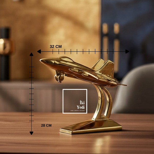 Gringley Seramik Gold Kaplama Stantlı Jet Uçak Objesi 32 cm – Modern Ofis Masaüstü Dekoru Hediyelik