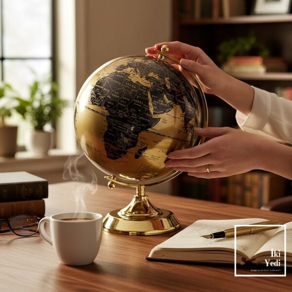 Juarez Gold Siyah Dünya Küresi Dekoratif Obje Ofis Masa Üstü Aksesuar Modern Küre Şık Ofis Hediyesi