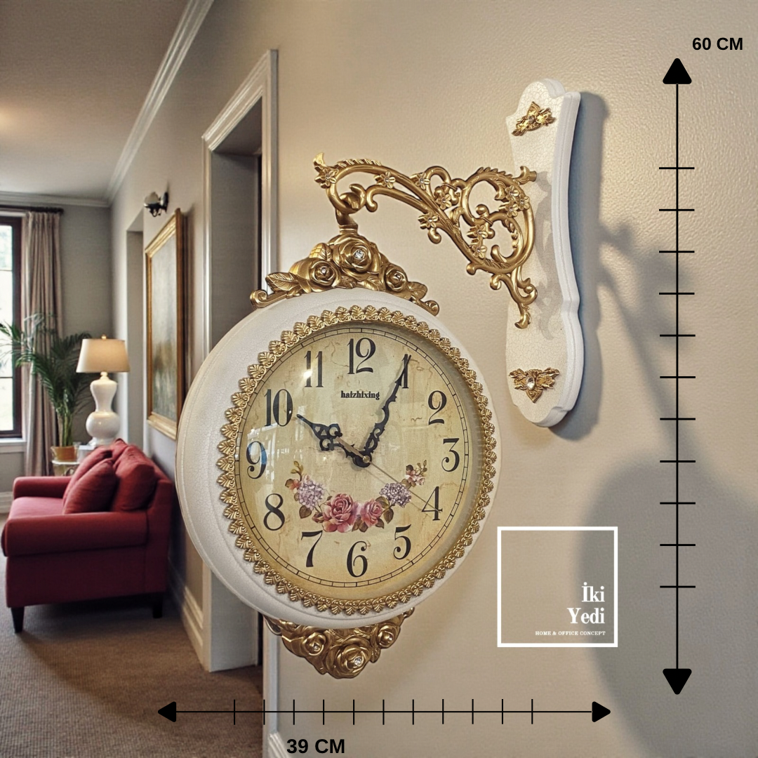 Rosaly Altın Detaylı Çift Taraflı Büyük İstasyon Duvar Saati, Klasik Yan Duvar Saat Modeli Ofis Ev