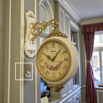 Rosaly Altın Detaylı Çift Taraflı Büyük İstasyon Duvar Saati, Klasik Yan Duvar Saat Modeli Ofis Ev