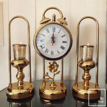 Chantilly Gold Şamdan ve Şömine Saati Seti, Çiçek Figürlü Lüks Masa Saati, Ev Dekor Hediyesi