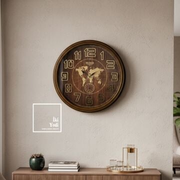 Valerian 772 Harita Desenli Duvar Saati 67 cm | Ahşap Tonlu Büyük Duvar Saati Ofis Hediyesi Dekor