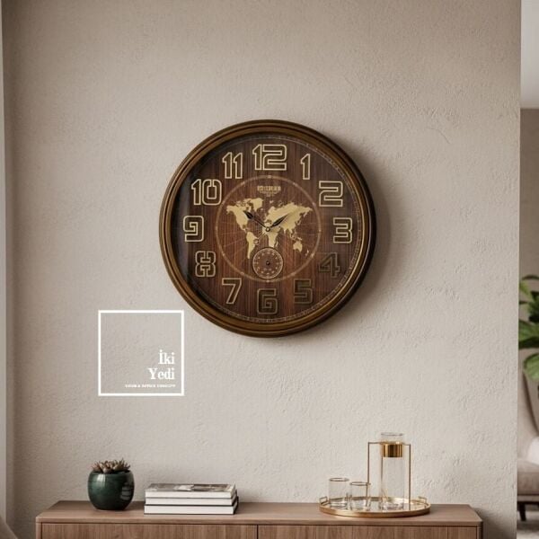 Valerian 772 Harita Desenli Duvar Saati 67 cm | Ahşap Tonlu Büyük Duvar Saati Ofis Hediyesi Dekor