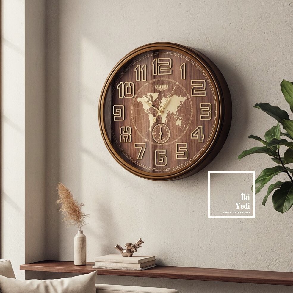 Valerian 772 Harita Desenli Duvar Saati 67 cm | Ahşap Tonlu Büyük Duvar Saati Ofis Hediyesi Dekor