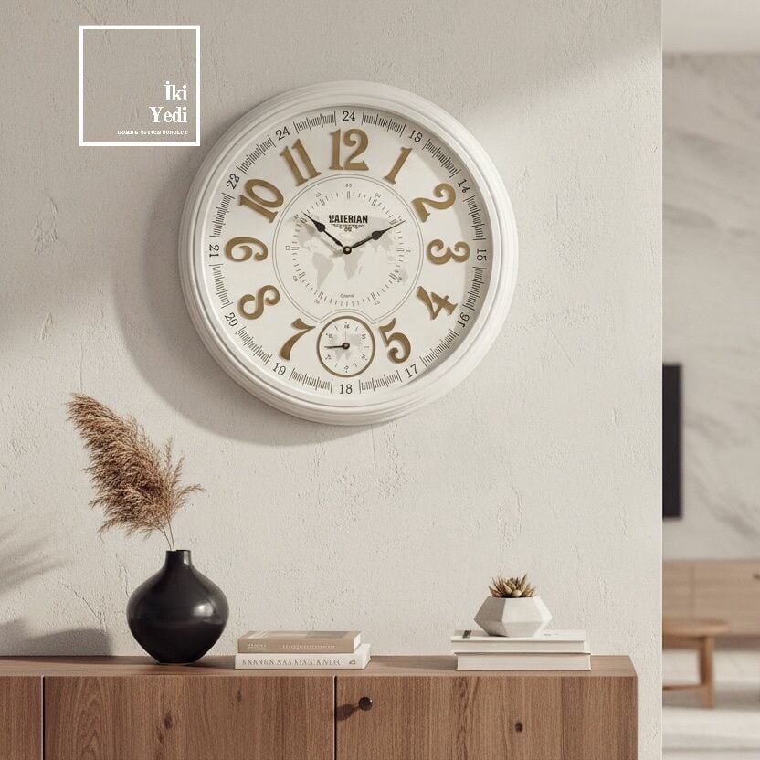 Valerian 773 Beyaz Gold Harita Desenli Duvar Saati 67 cm Şık Ev ve Ofis Dekoru Ofis Hediyesi Dekor