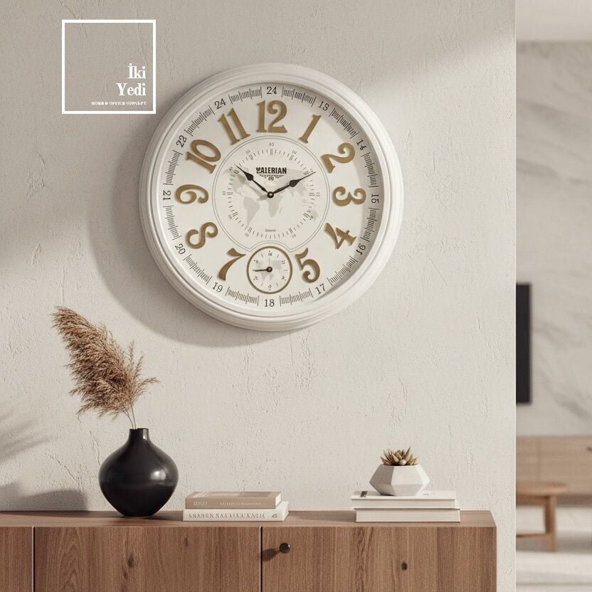 Valerian 773 Beyaz Gold Harita Desenli Duvar Saati 67 cm Şık Ev ve Ofis Dekoru Ofis Hediyesi Dekor